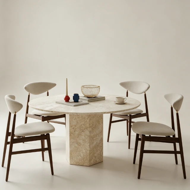 Mid-Century Travertine Dining Set with Upholstered Chairs 3d model