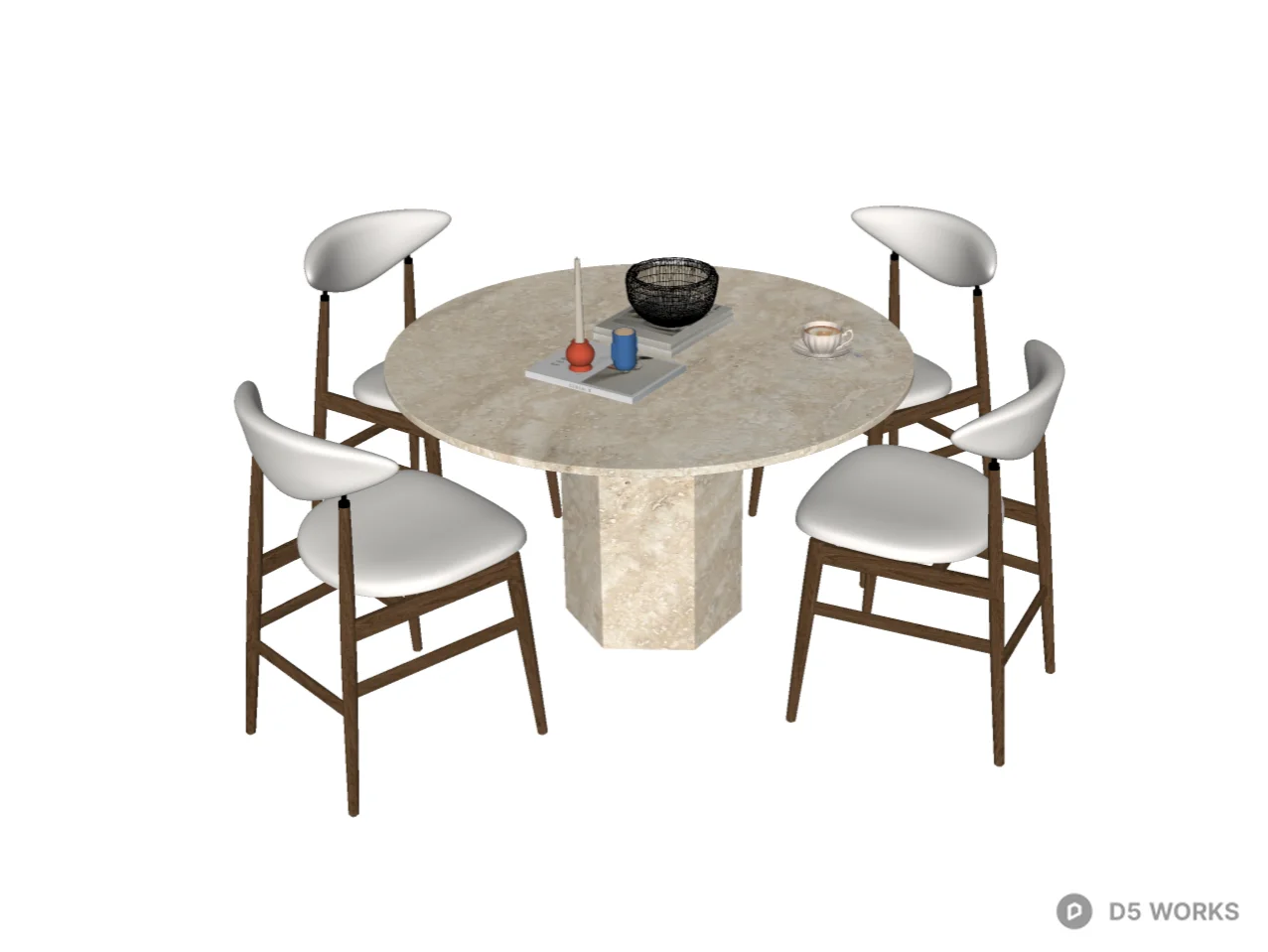 Mid-Century Travertine Dining Set with Upholstered Chairs 3d model thumbnail 2