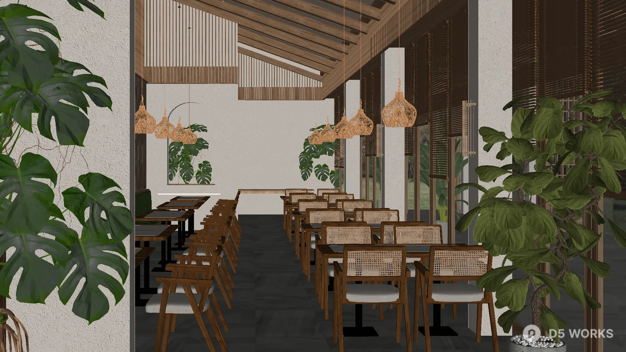 Tropical Restaurant With Wooden Beams And Greenery 3d model - Image 1