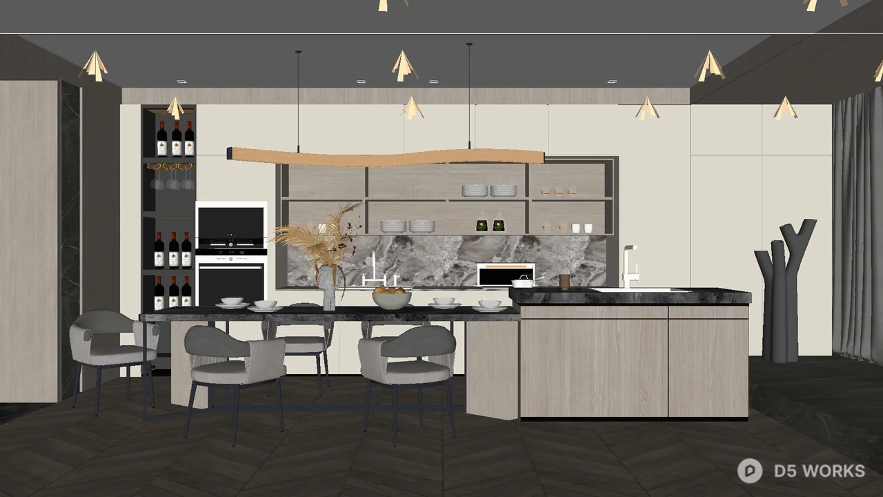 Free Modern Open Kitchen with Island and Dining Area 3D Model .skp