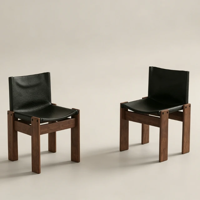 Mid-Century Modern Walnut and Black Leather Dining Chairs 3d model