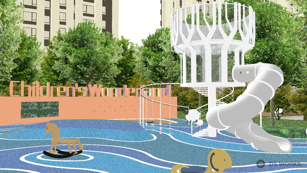 Modern Children's Playground With Spiral Slide And Rocking Horse 3d model - Image 1