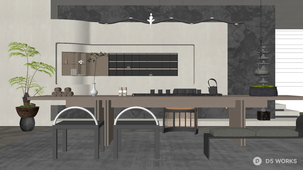 Minimalist Tea Room with Dark Stone Wall 3d model - Image 1