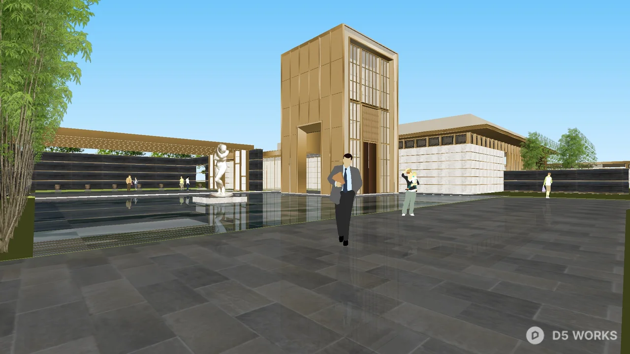 Modern Wooden Pavilion Courtyard With Reflective Water Feature 3d model - Image 1