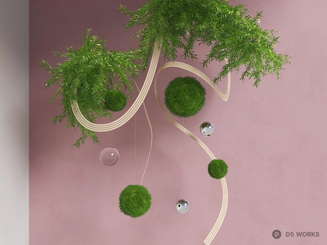 Moss Ball And Ribbon Sculptural Decor 3d model - Image 1