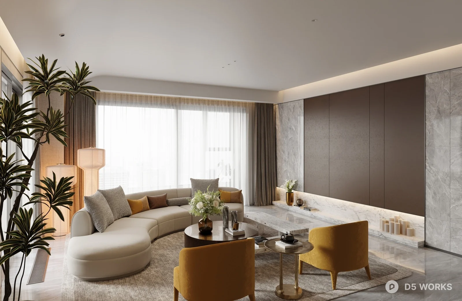 Modern Minimalist Living Room With Curved Sofa And Marble Accent Wall ...