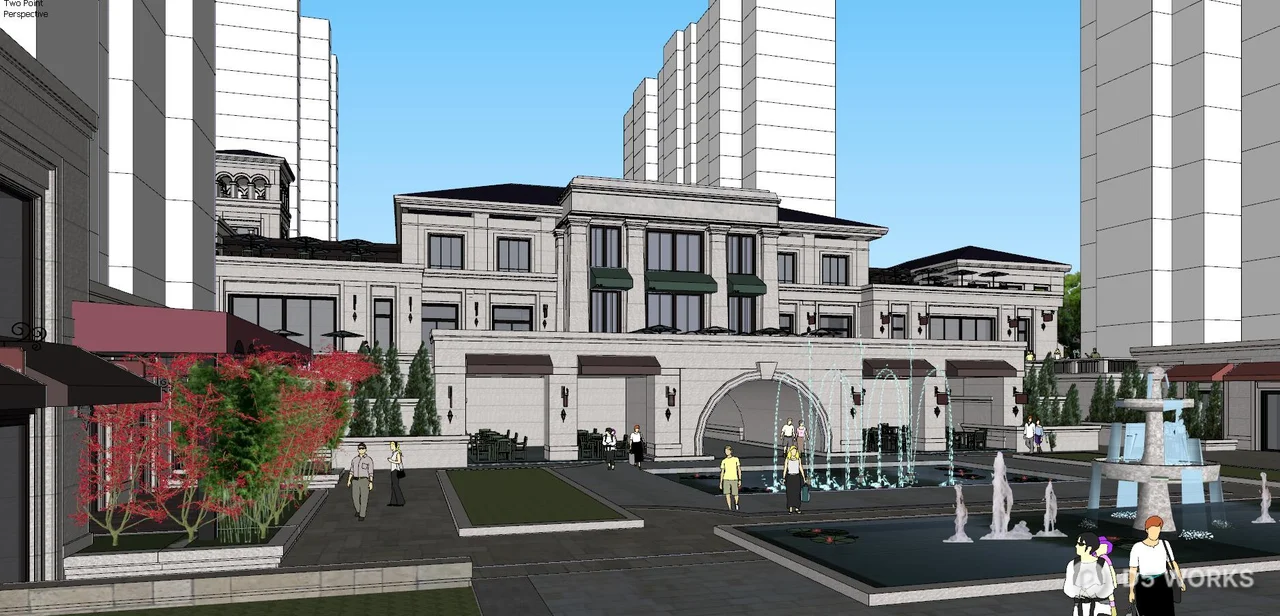 Commercial Street Landscape with Central Fountain 3d model thumbnail 3