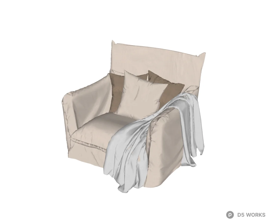 Comfortable cream-colored terry single sofa with blanket and cushion 3d model thumbnail 2