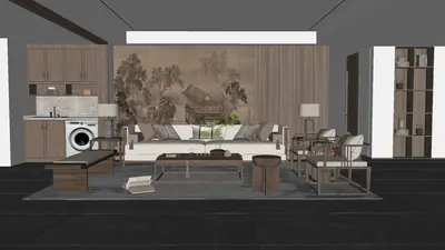 Modern Minimalist Living Room with Ink Painting Accent Wall 3d model
