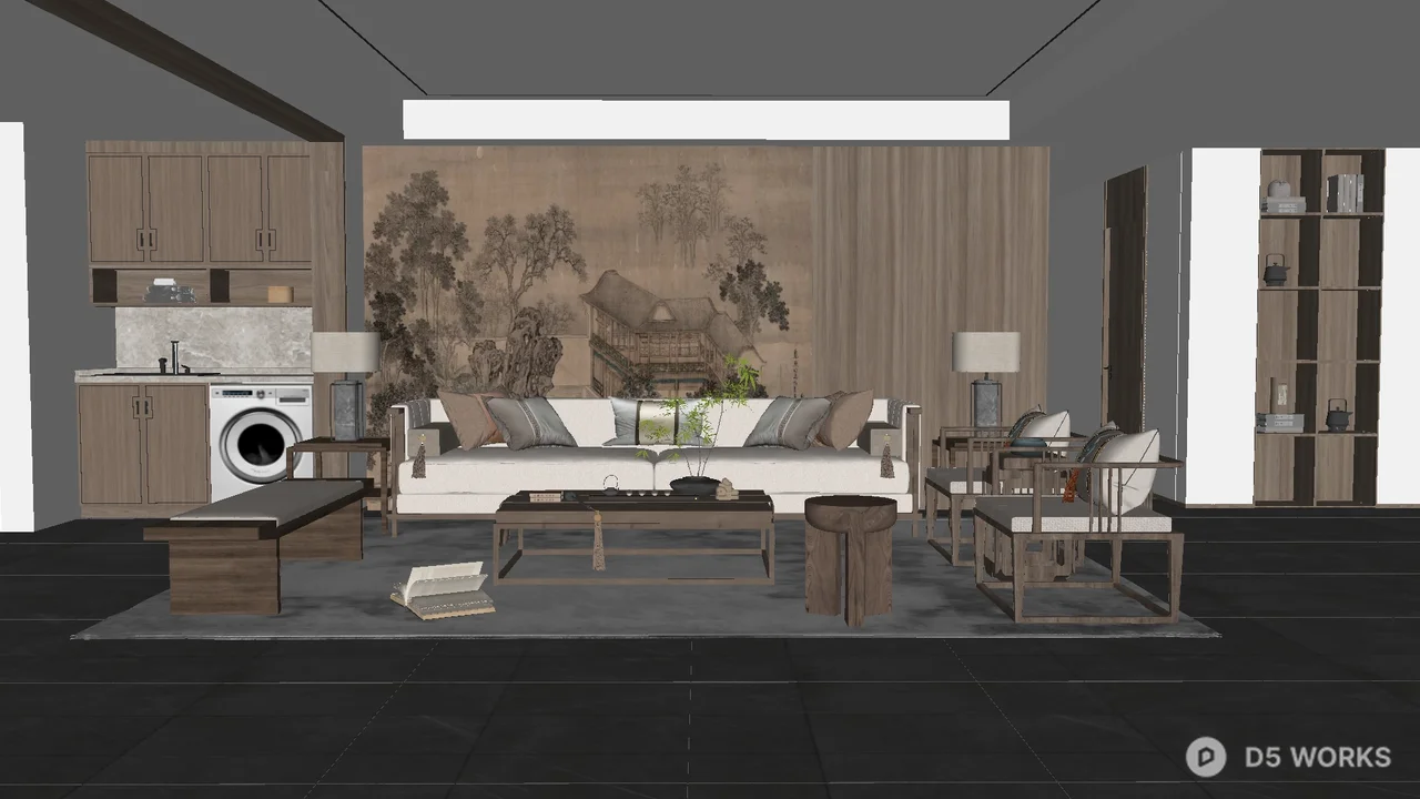 Modern Minimalist Living Room with Ink Painting Accent Wall 3d model - Image 1