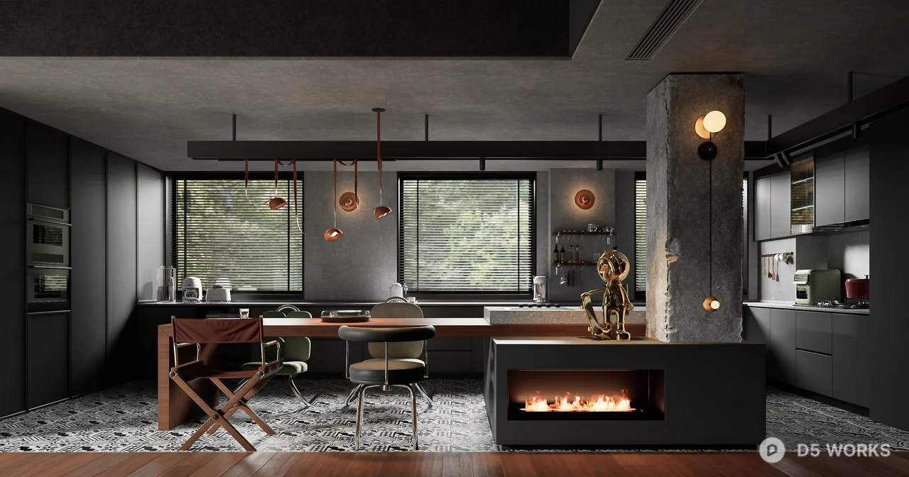 Industrial Style Open Plan Living Dining Space 3d model - Image 1