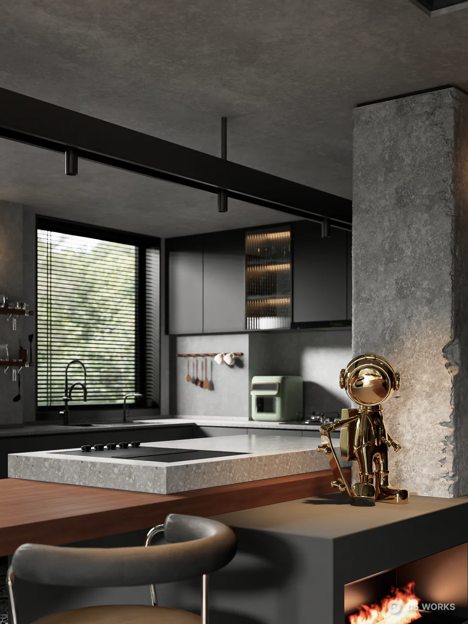 Industrial Style Open Plan Living Dining Space 3d model thumbnail 3