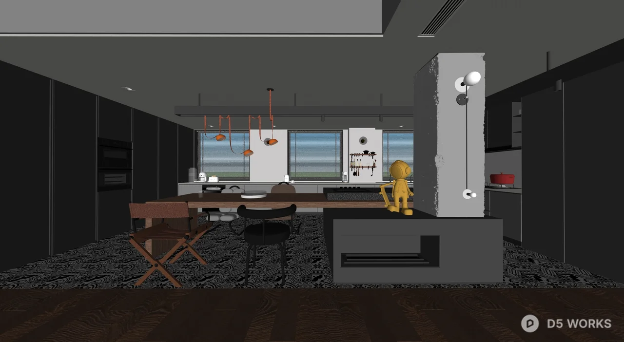 Industrial Style Open Plan Living Dining Space 3d model thumbnail 5