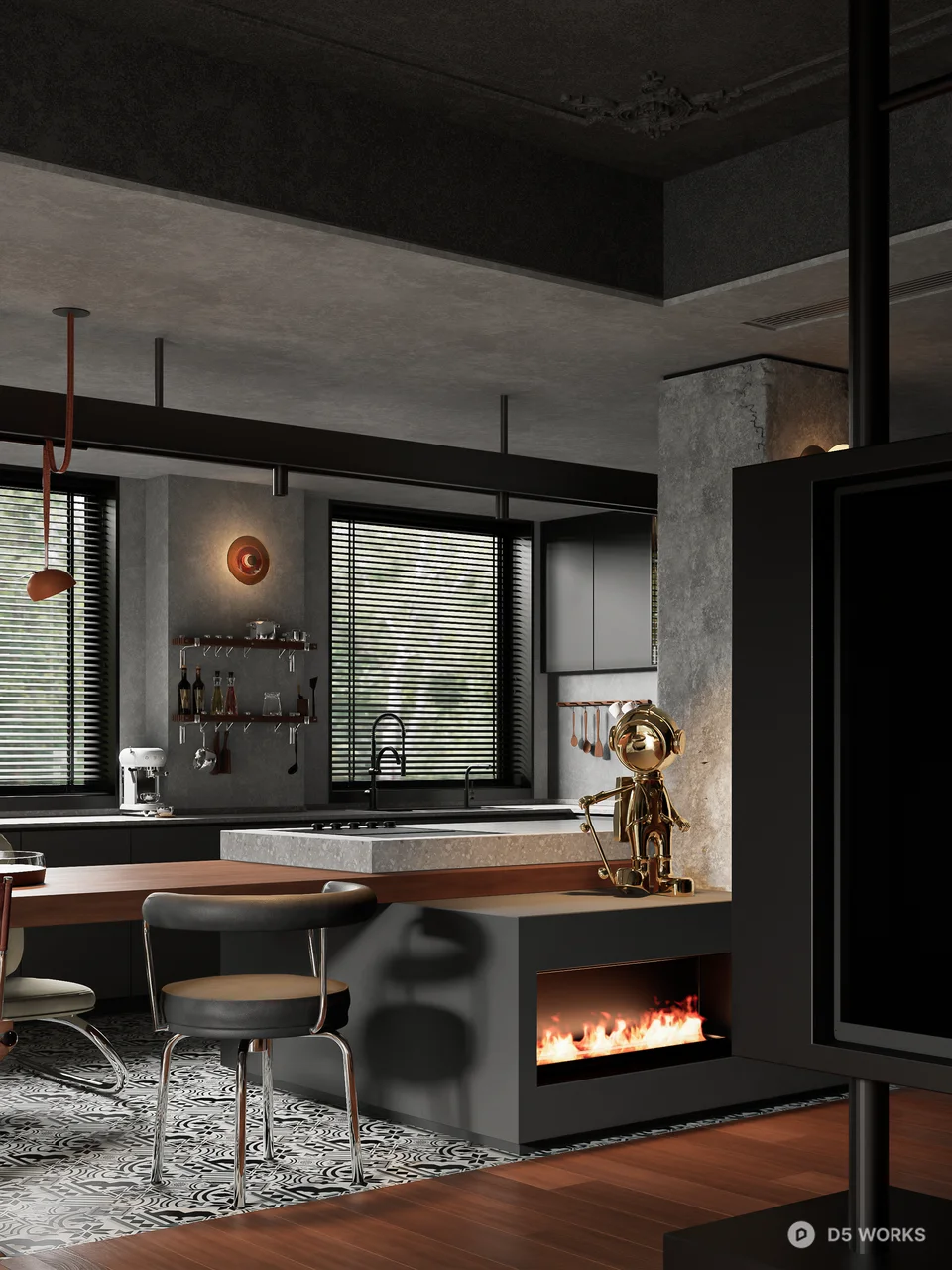 Industrial Style Open Plan Living Dining Space 3d model thumbnail 2