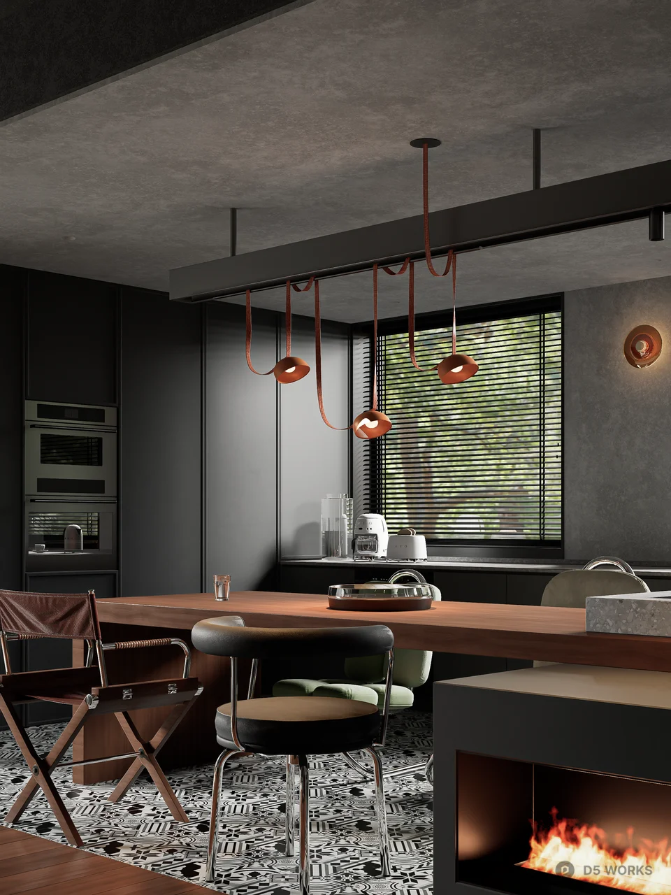Industrial Style Open Plan Living Dining Space 3d model thumbnail 4