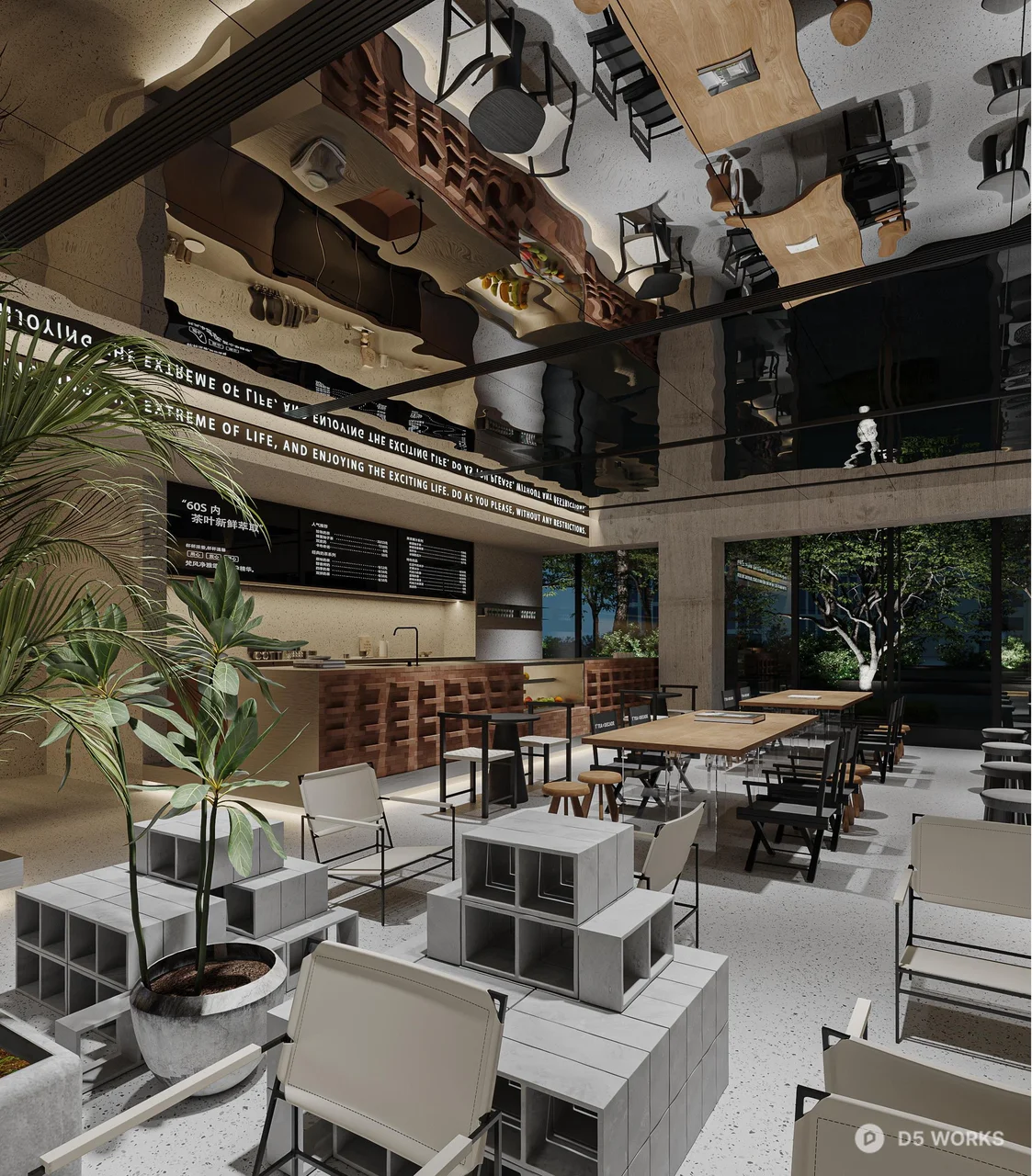 Minimalist Coffee Shop Interior With Concrete And Wood Accents 3d model thumbnail 3