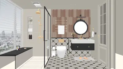 Modern Bathroom With Patterned Tile And Round Mirror 3d model