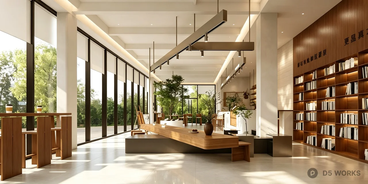 Modern Industrial Library Cafe Interior Scene 3d model - Image 1
