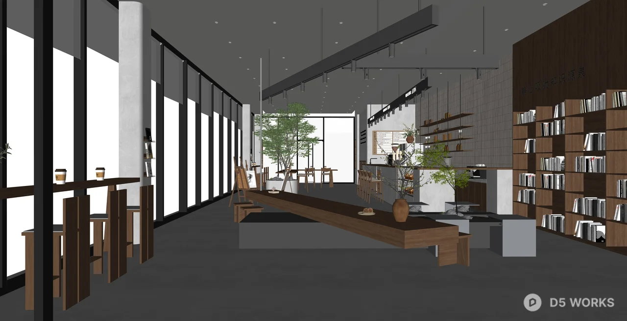 Modern Industrial Library Cafe Interior Scene 3d model thumbnail 2