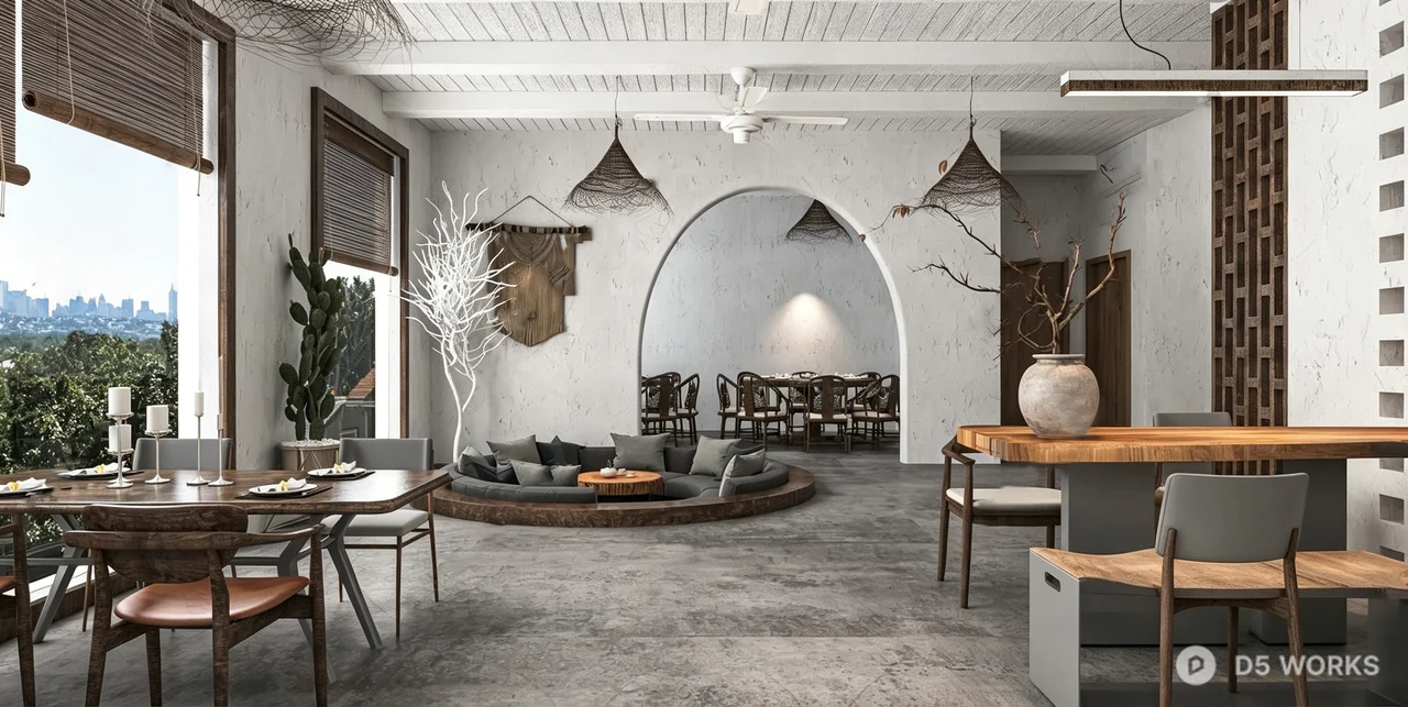 Wabi-Sabi Modern Restaurant Interior Scene 3d model - Image 1