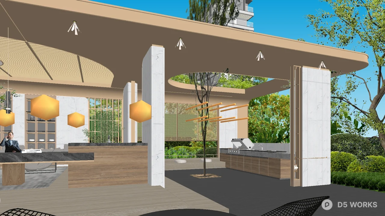 Modern Villa Courtyard With Pavilion And Outdoor Seating 3d model thumbnail 3