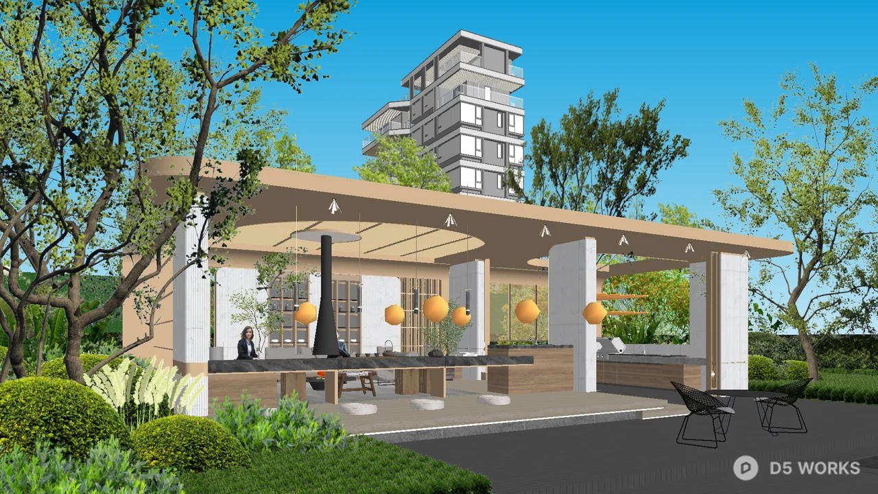 Modern Villa Courtyard With Pavilion And Outdoor Seating 3d model thumbnail 6