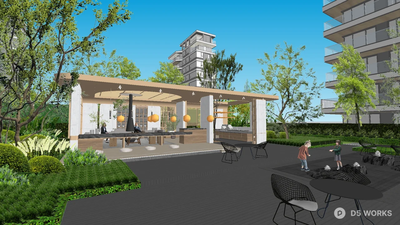 Modern Villa Courtyard With Pavilion And Outdoor Seating 3d model thumbnail 2
