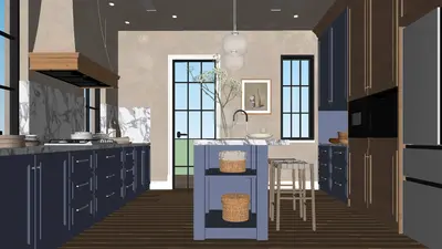 Modern Open Kitchen With Blue Cabinetry And Island 3d model