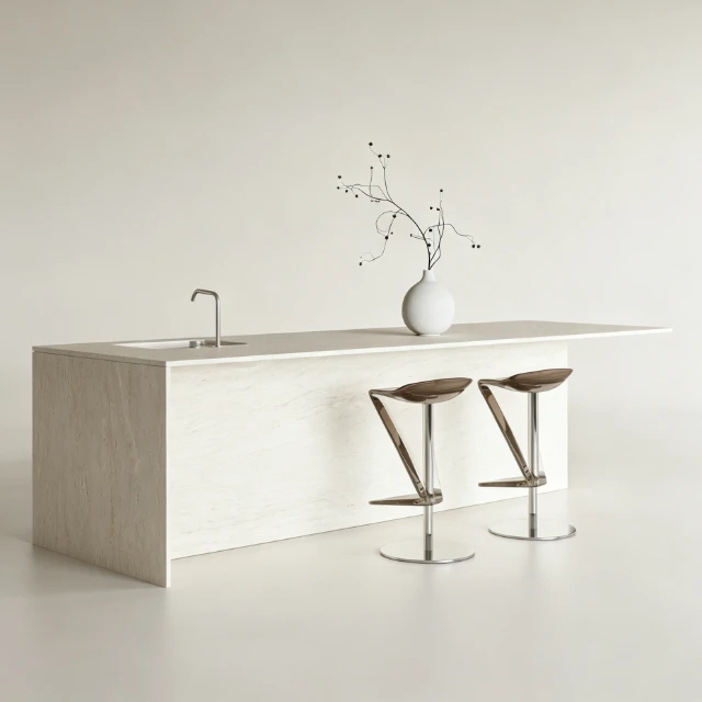 Minimalist Travertine Kitchen Island with Bar Stools 3d model