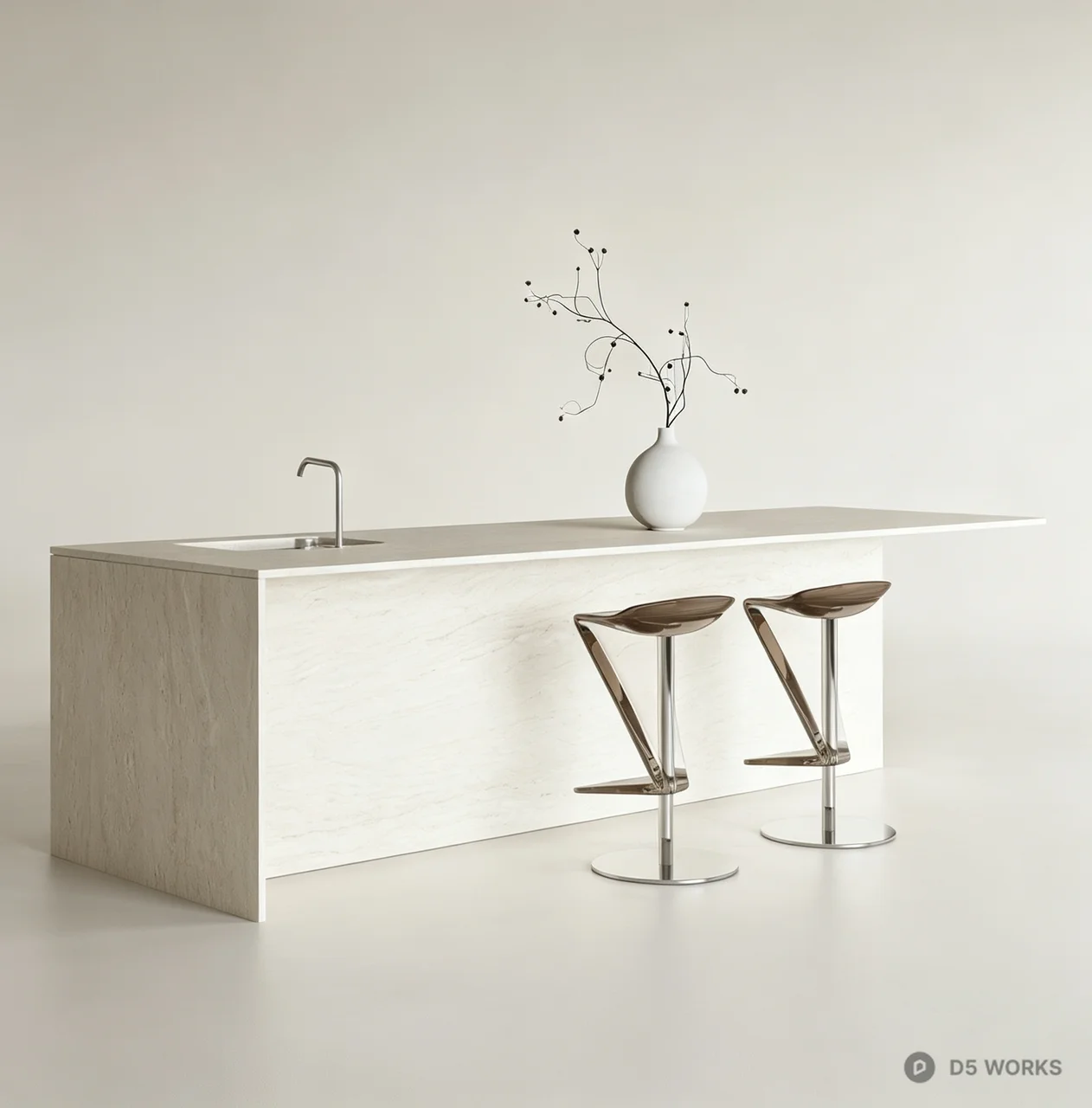 Minimalist Travertine Kitchen Island with Bar Stools 3d model - Image 1