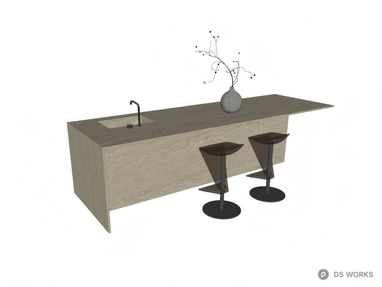 Minimalist Travertine Kitchen Island with Bar Stools 3d model thumbnail 2