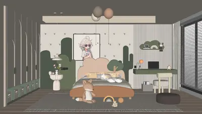 Nordic Style Universal Kids Room with Cactus Motif 3d model