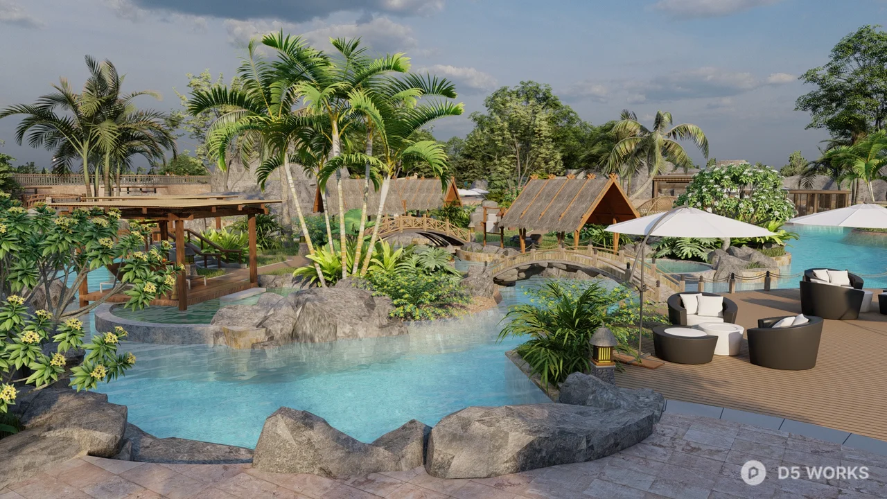 Tropical Villa Courtyard With Pool And Pavilion 3d model - Image 1