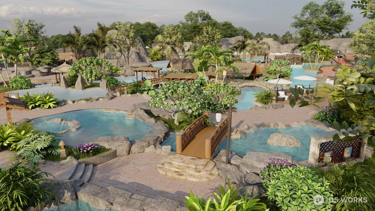 Tropical Villa Courtyard With Pool And Pavilion 3d model thumbnail 2