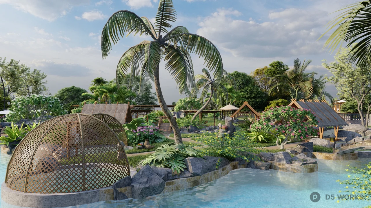 Tropical Villa Courtyard With Pool And Pavilion 3d model thumbnail 4