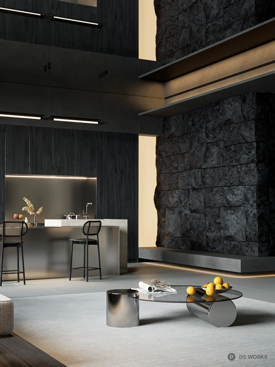 Modern Minimalist Villa Living Room with Dark Tone Design 3d model thumbnail 5