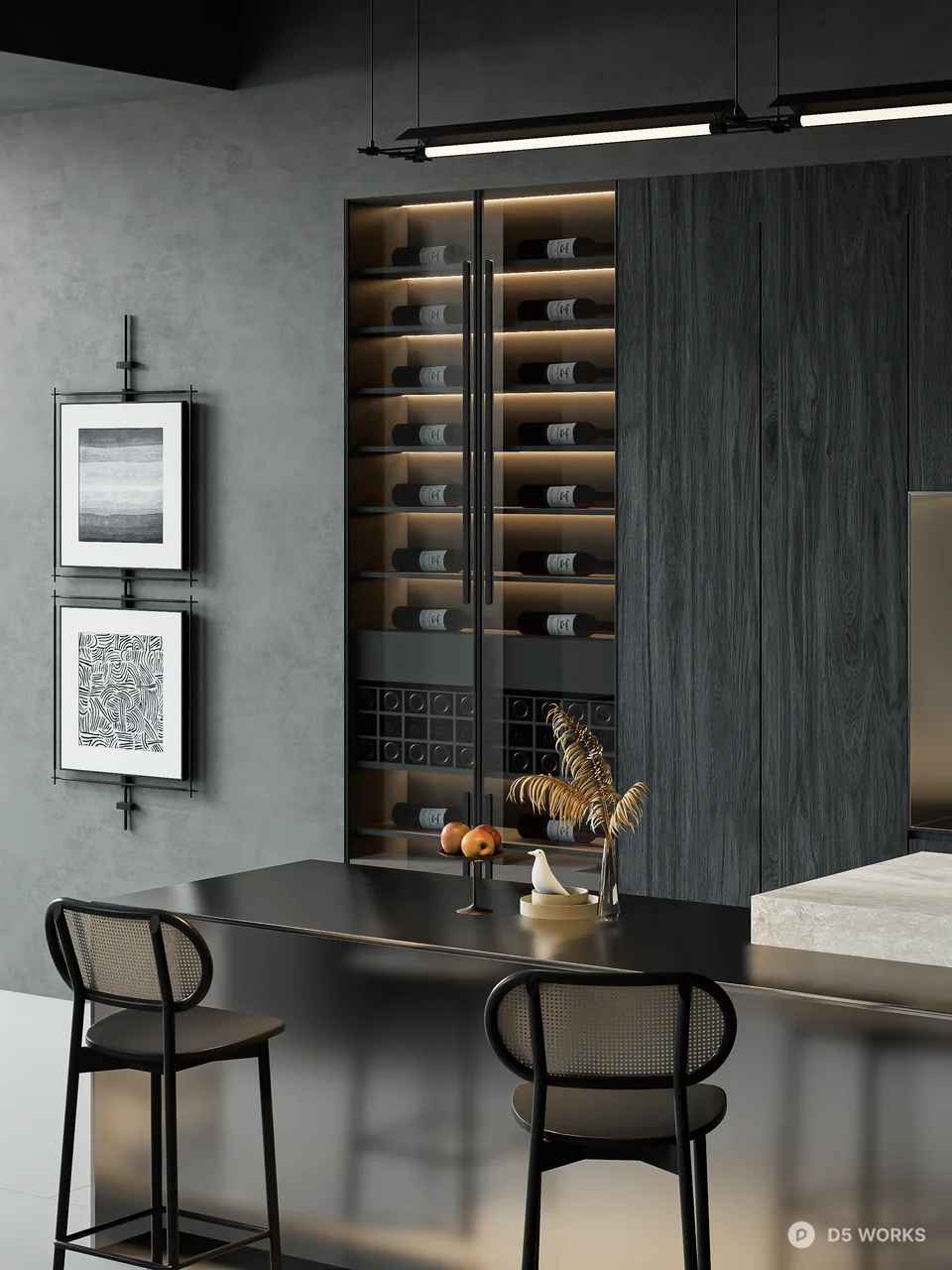 Modern Minimalist Villa Living Room with Dark Tone Design 3d model thumbnail 2