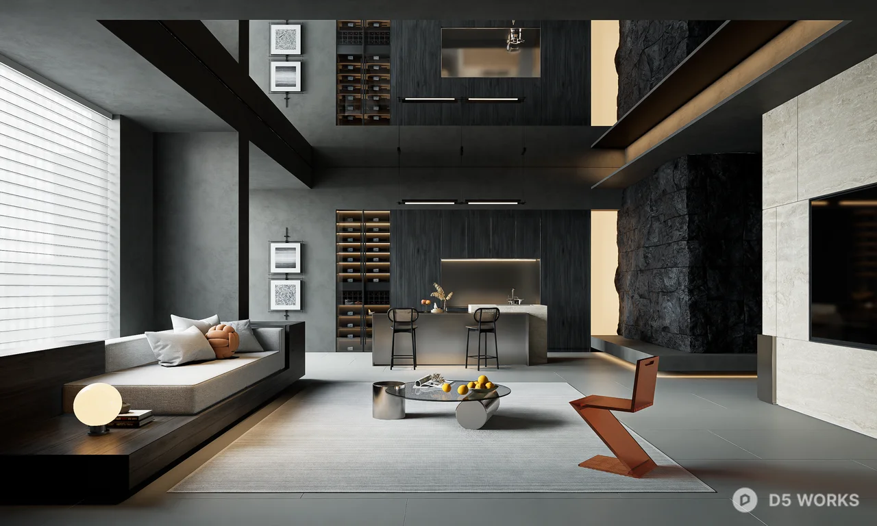 Modern Minimalist Villa Living Room with Dark Tone Design 3d model - Image 1