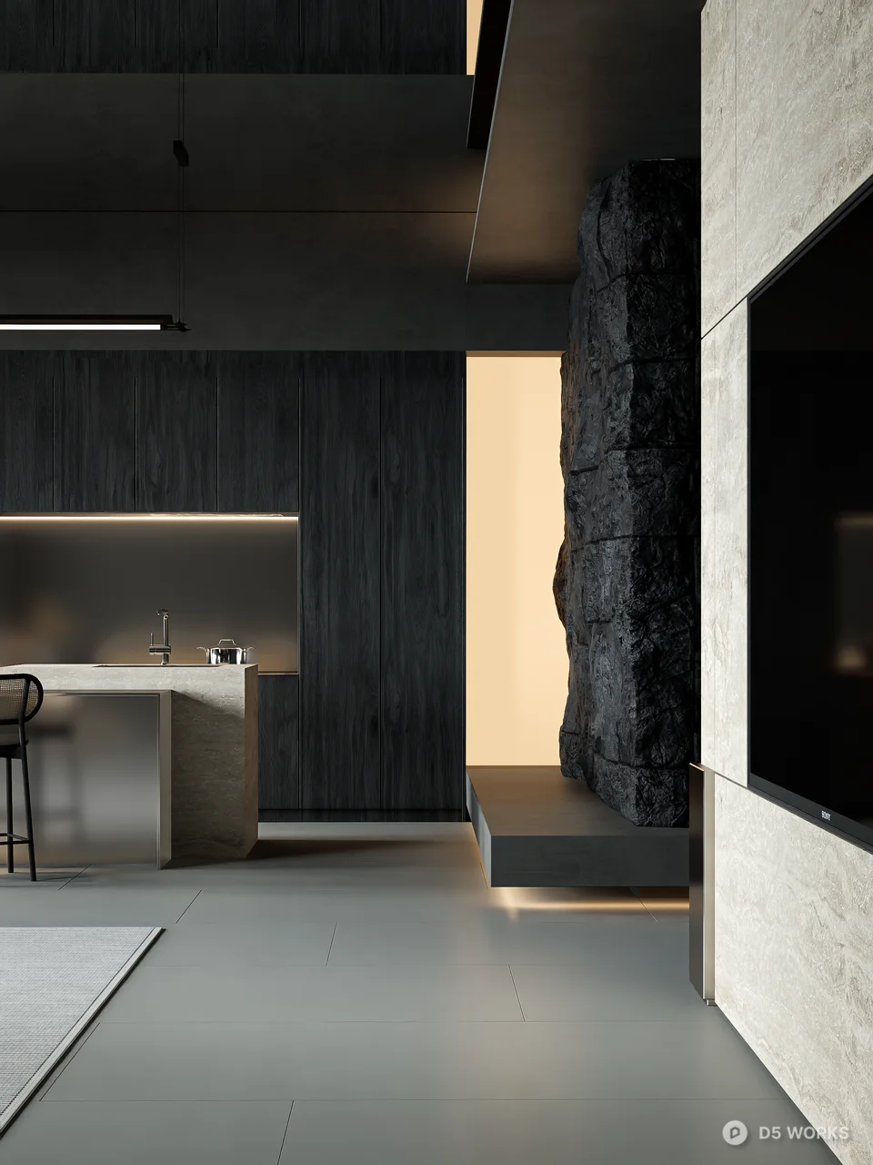 Modern Minimalist Villa Living Room with Dark Tone Design 3d model thumbnail 4