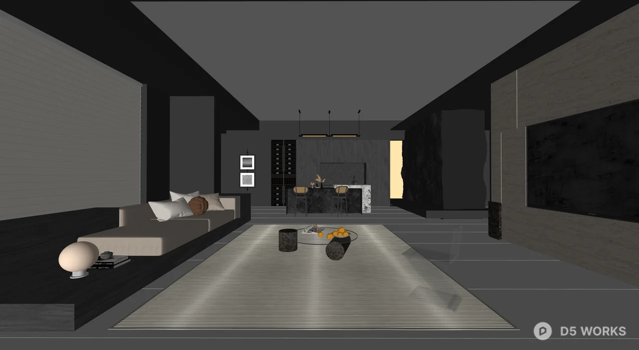 Modern Minimalist Villa Living Room with Dark Tone Design 3d model thumbnail 7
