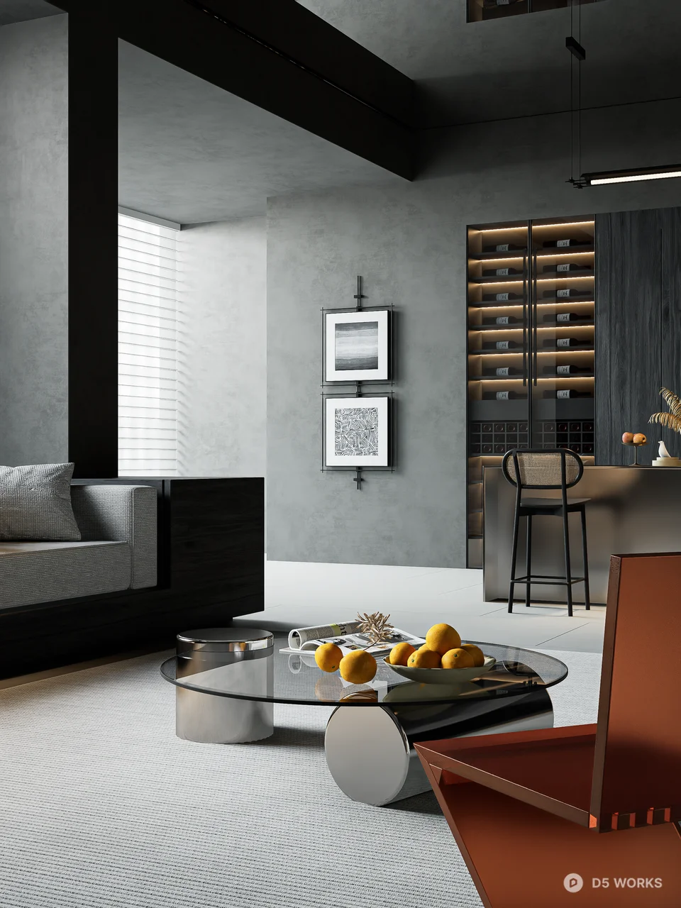 Modern Minimalist Villa Living Room with Dark Tone Design 3d model thumbnail 6