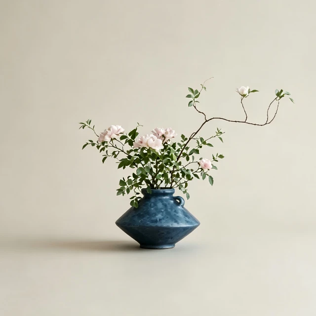 Rustic Blue Ceramic Vase with Pink Roses 3d model