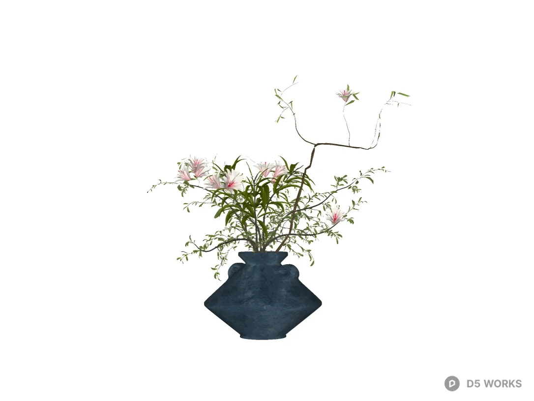 Rustic Blue Ceramic Vase with Pink Roses 3d model thumbnail 2