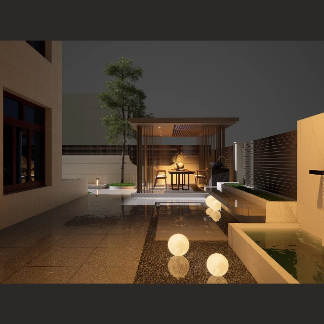 Modern Zen Garden Patio with Pavilion 3d model