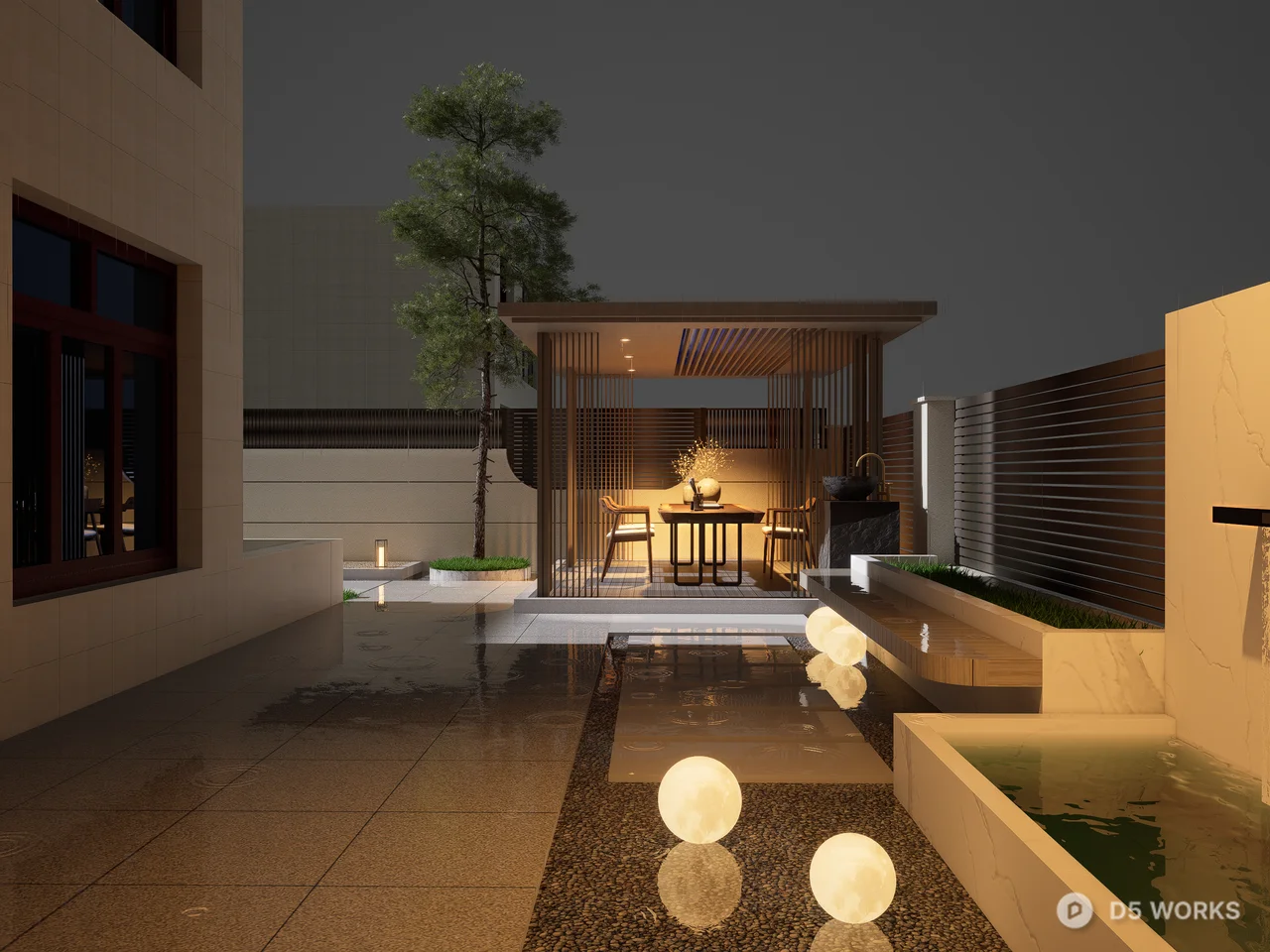 Modern Zen Garden Patio with Pavilion 3d model - Image 1