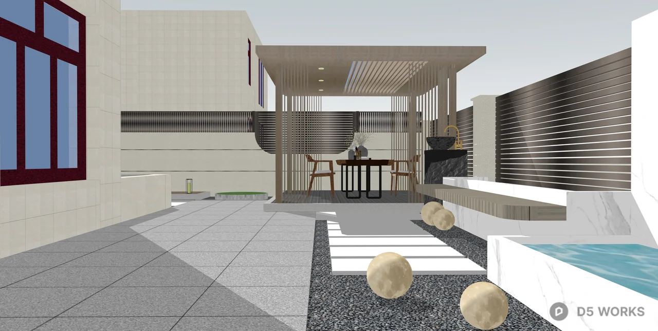 Modern Zen Garden Patio with Pavilion 3d model thumbnail 2