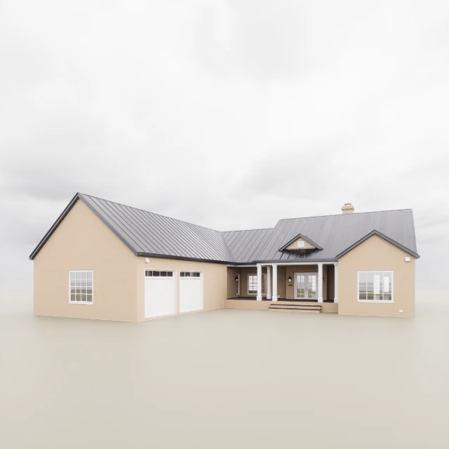 Modern Suburban Ranch House with Two-Car Garage 3d model
