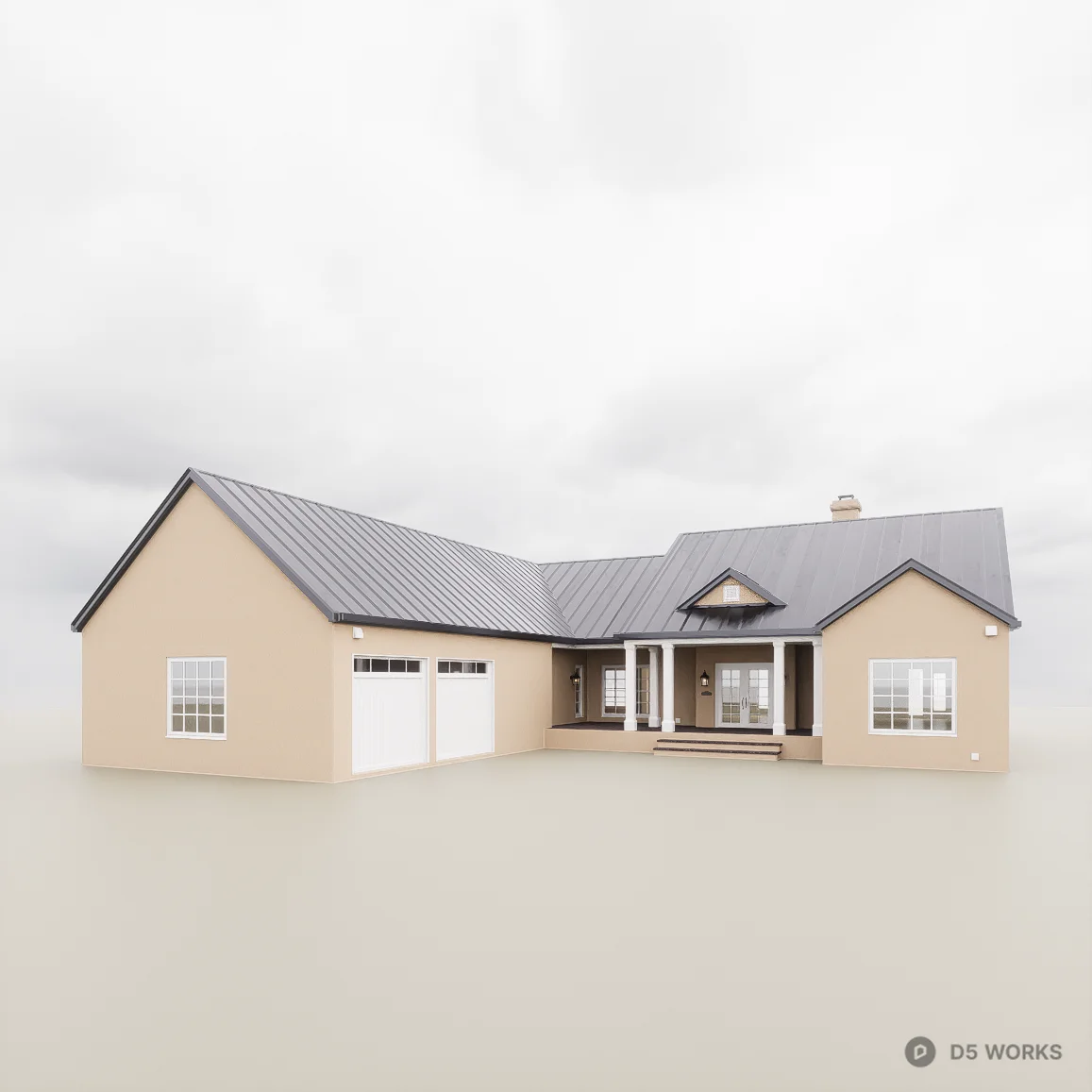 Modern Suburban Ranch House with Two-Car Garage 3d model - Image 1
