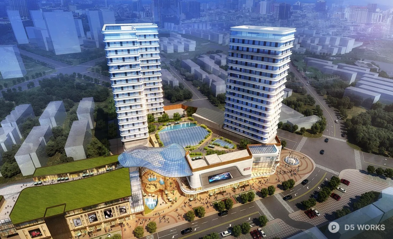 Modern Commercial Complex With Green Roof And Central Plaza 3d model - Image 1