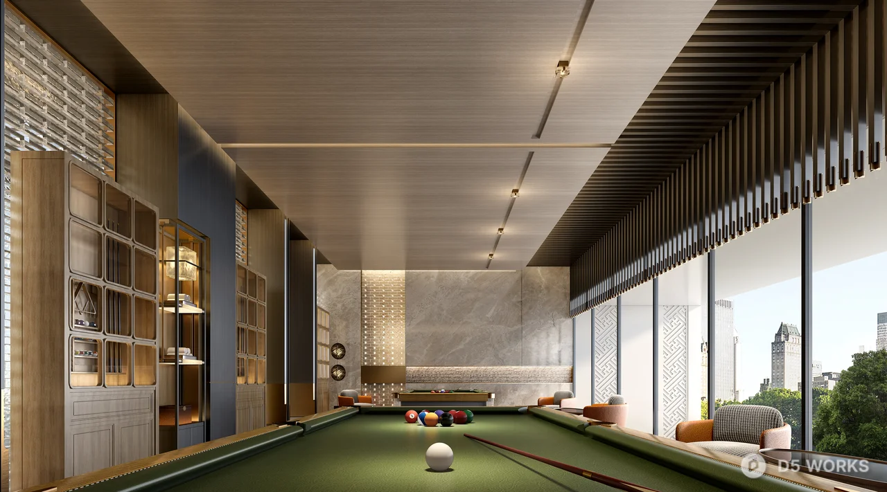 Modern Billiards Hall with Floor-to-Ceiling Windows 3d model - Image 1